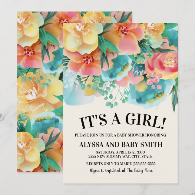 Invitación a Baby Shower con flores amarillas rosa (Anverso / Reverso)