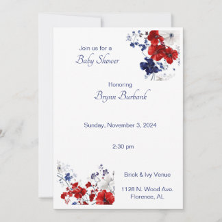 Invitación a Baby Shower con flores azules y rojas