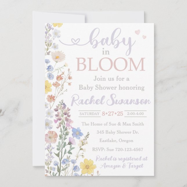 Invitación a Baby Shower con flores, bebé en flor (Anverso)