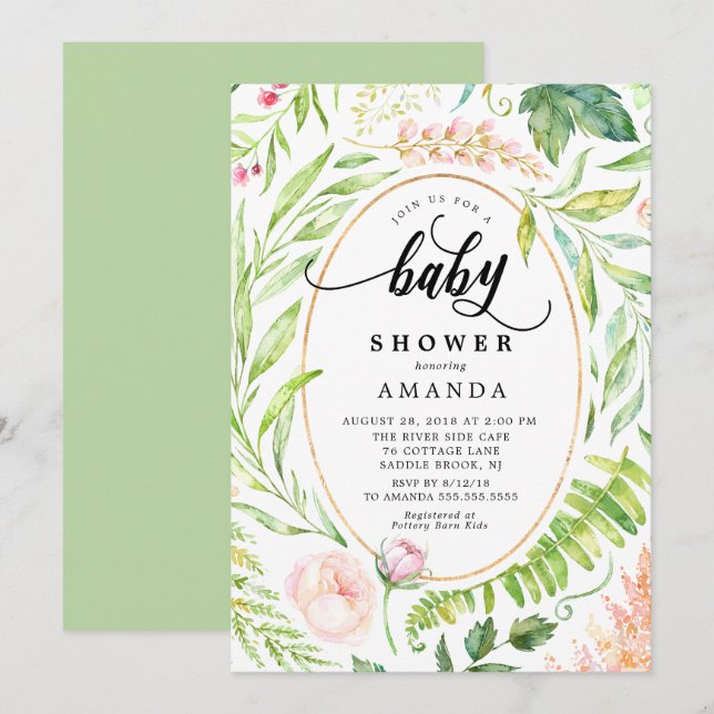 Invitación a Baby Shower con flores botánicas (Anverso / Reverso)