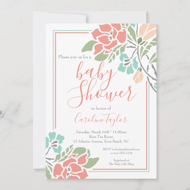 Invitación a Baby Shower con flores corales y Verd (Anverso)
