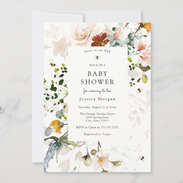 Invitación a Baby Shower con flores de abeja y vin (Anverso)