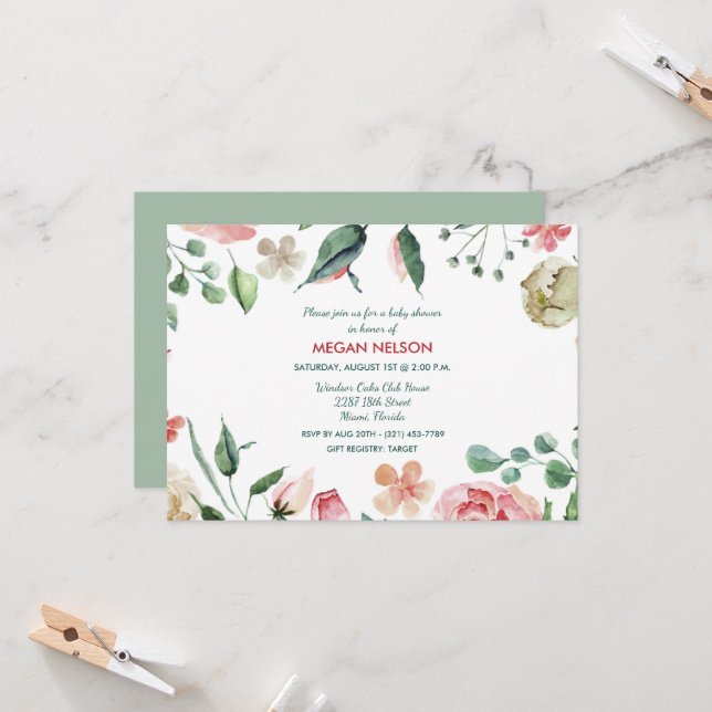 Invitación a Baby Shower con flores de acuarela de (Anverso/Reverso In Situ)