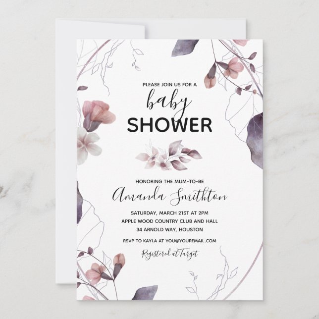 Invitación a Baby Shower con Flores de Acuarela Mo (Anverso)