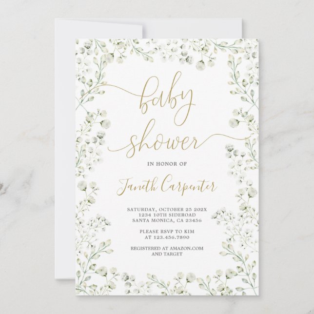 Invitación a Baby Shower con flores de aliento par (Anverso)