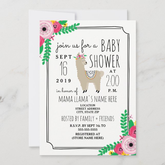 Invitación a Baby Shower con flores de Boho Llama (Anverso)