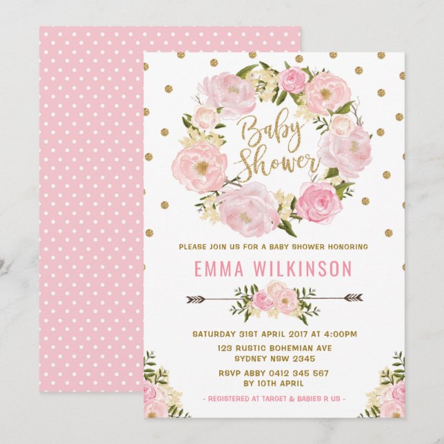 Invitación a Baby Shower con flores de boho rosa y (Anverso / Reverso)