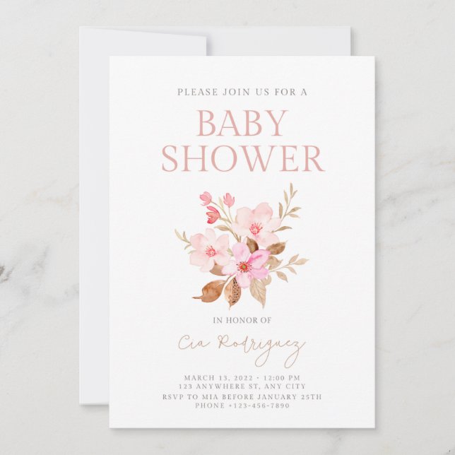 Invitación a Baby Shower con flores de boho rosado (Anverso)