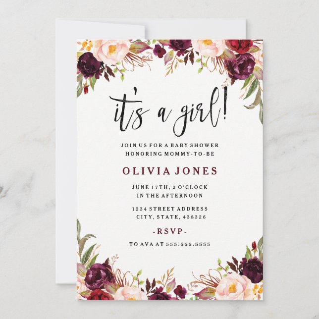 Invitación a Baby Shower con flores de Borgoña (Anverso)