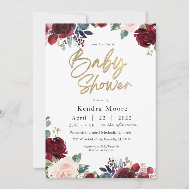 Invitación a Baby Shower con flores de Borgoña (Anverso)