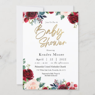 Invitación a Baby Shower con flores de Borgoña