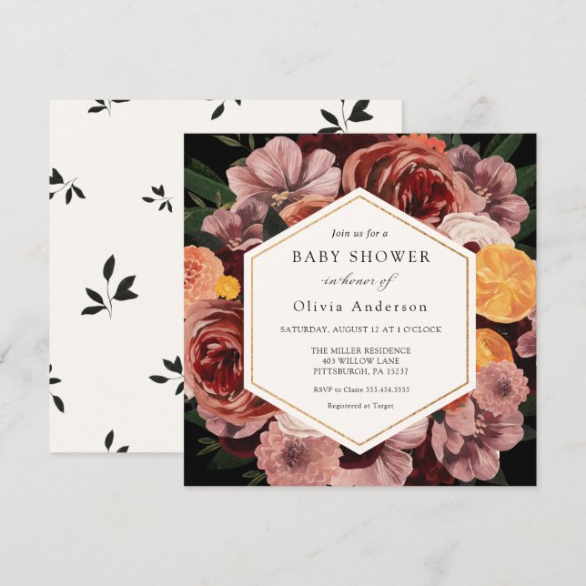 Invitación a Baby Shower con flores de borgoña de  (Anverso / Reverso)