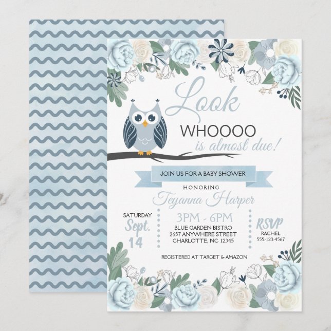Invitación a Baby Shower con flores de búho azul (Anverso / Reverso)