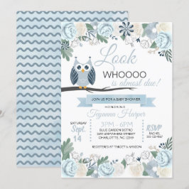 Invitación a Baby Shower con flores de búho azul