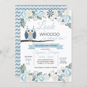 Invitación a Baby Shower con flores de búho azul