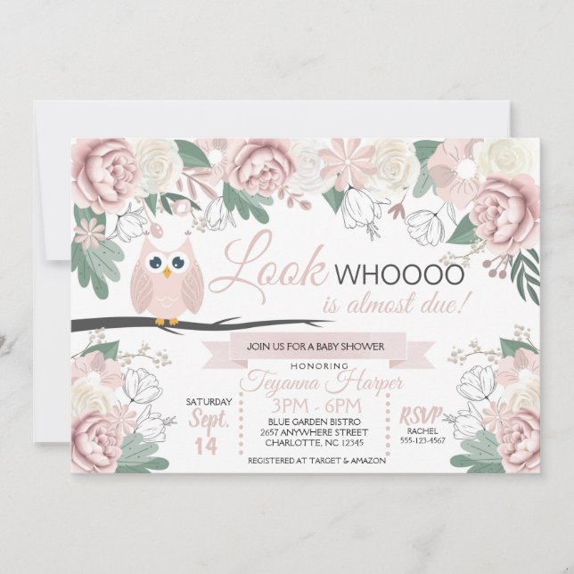 Invitación a Baby Shower con flores de búho rosa (Anverso)