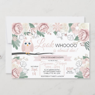 Invitación a Baby Shower con flores de búho rosa
