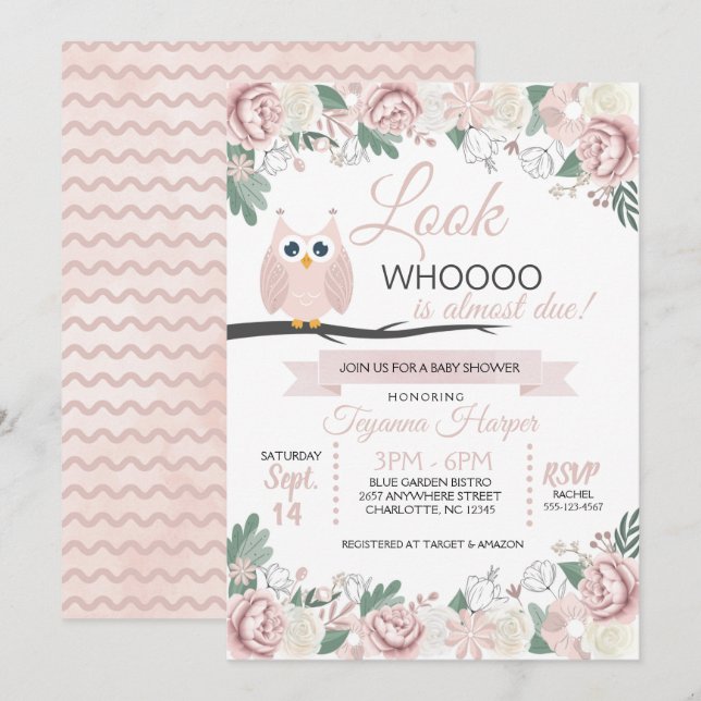 Invitación a Baby Shower con flores de búho rosa (Anverso / Reverso)