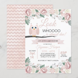 Invitación a Baby Shower con flores de búho rosa