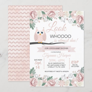 Invitación a Baby Shower con flores de búho rosa
