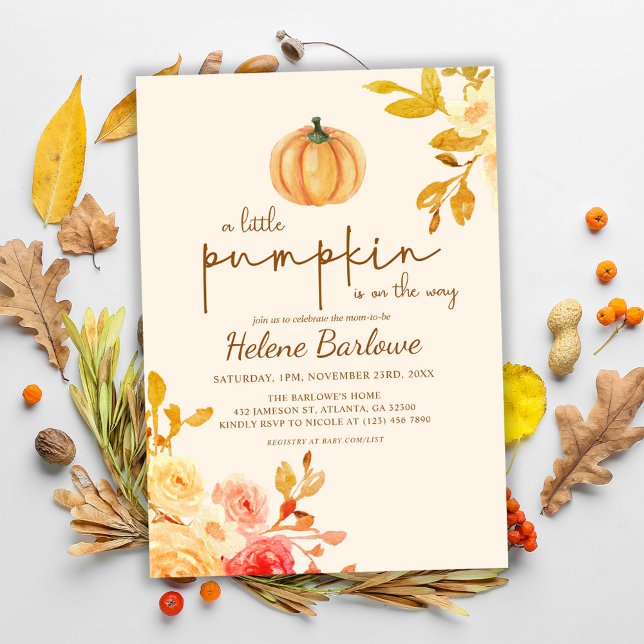 Invitación a Baby Shower con flores de calabaza pe (Little Pumpkin Floral Baby Shower Invitation)