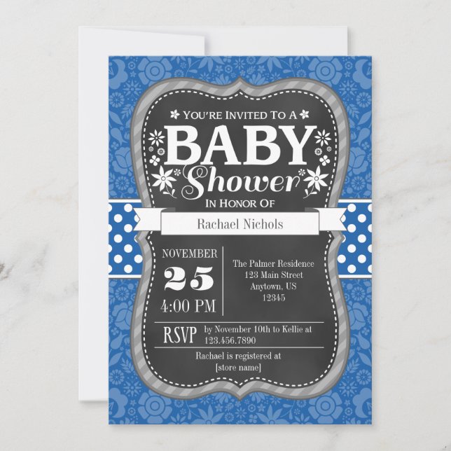 Invitación a Baby Shower con flores de cartón azul (Anverso)