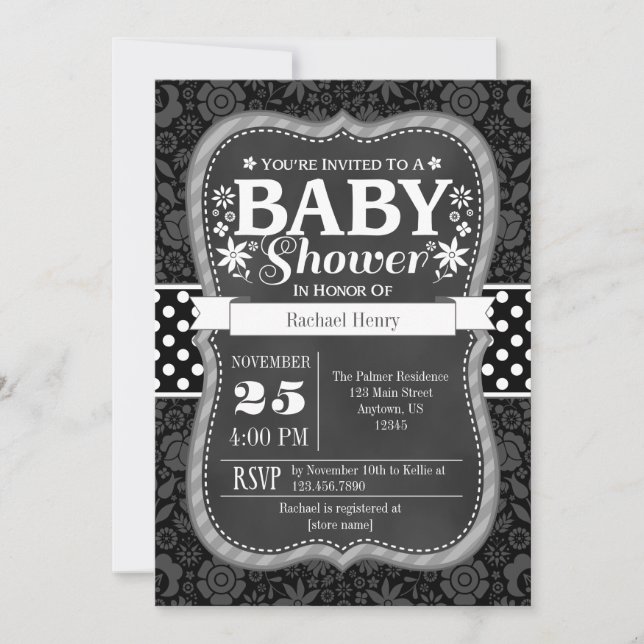 Invitación a Baby Shower con flores de cartón gris (Anverso)