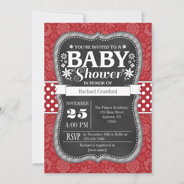 Invitación a Baby Shower con flores de cartón rojo (Anverso)
