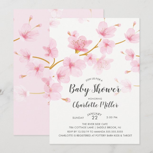 Invitación a Baby Shower con flores de cerezo (Anverso / Reverso)