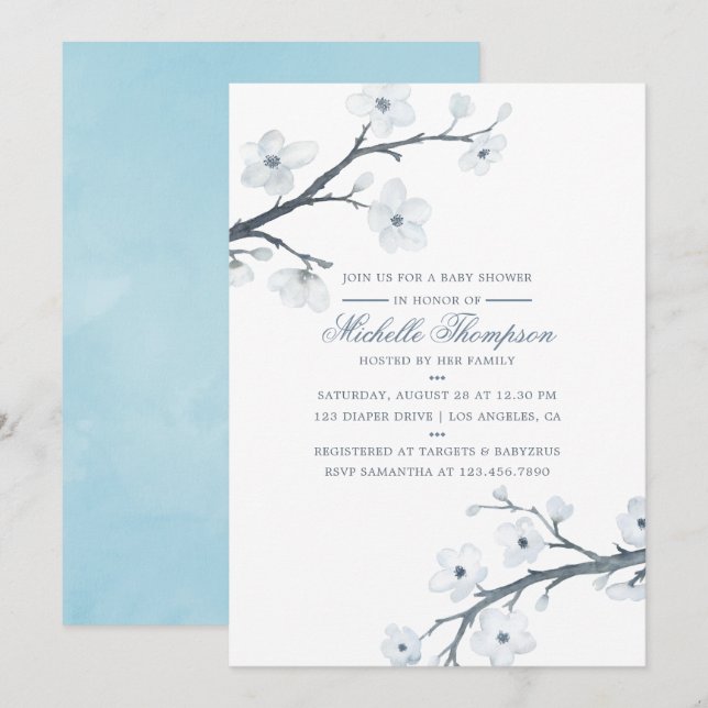 Invitación a Baby Shower con flores de cerezos en  (Anverso / Reverso)