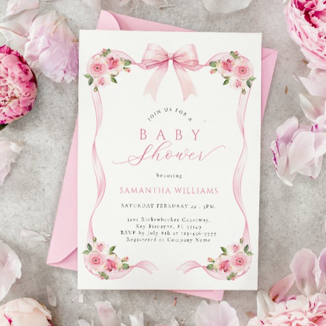 Invitación a Baby Shower con flores de cinta rosa (Subido por el creador)