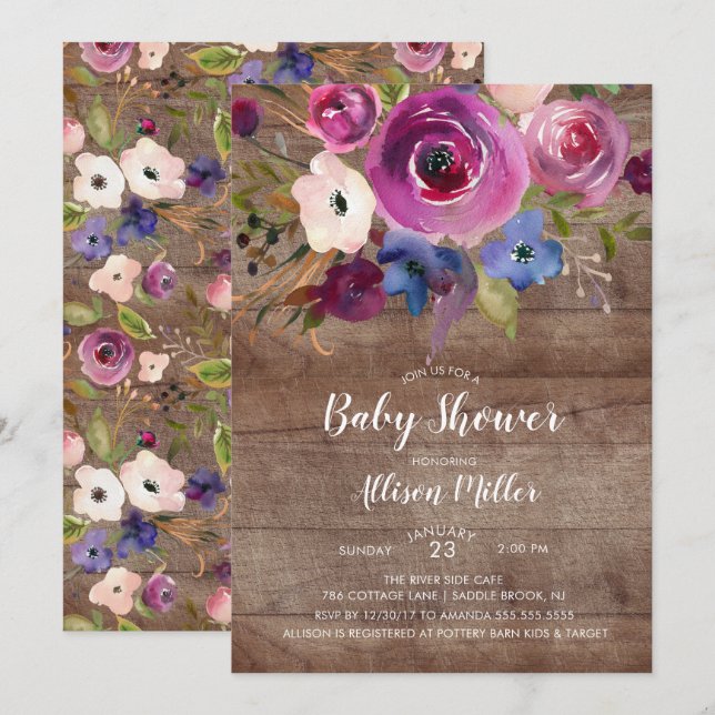 Invitación a Baby Shower con flores de ciruela de  (Anverso / Reverso)