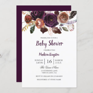 Invitación a Baby Shower con flores de ciruela mor