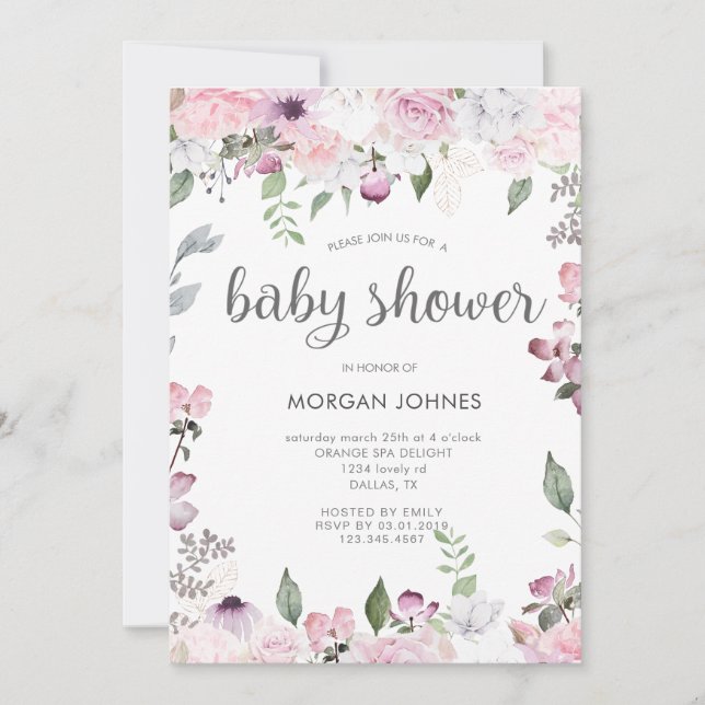 Invitación a Baby Shower con flores de jardín Rosa (Anverso)