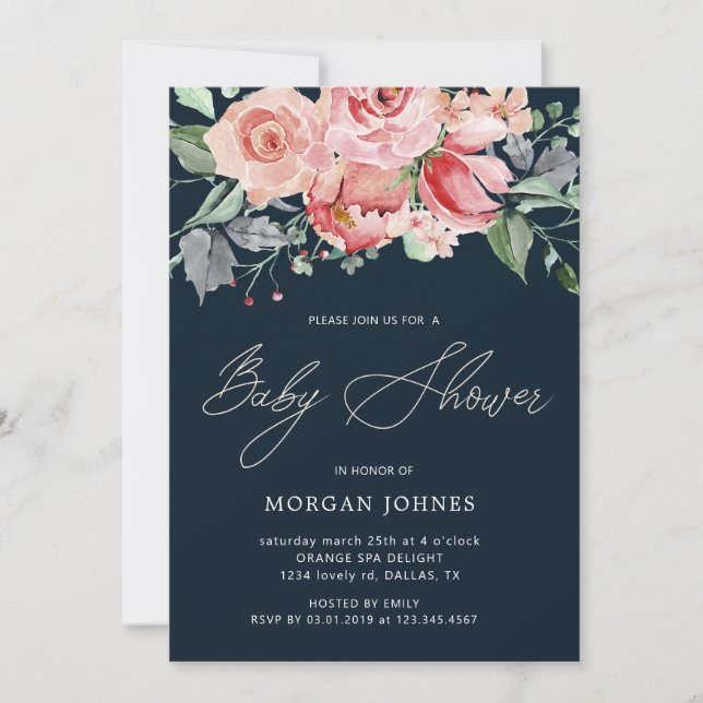 Invitación a Baby Shower con flores de la flor de  (Anverso)