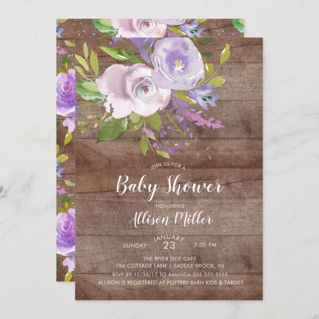 Invitación a Baby Shower con flores de lavanda rús (Anverso / Reverso)