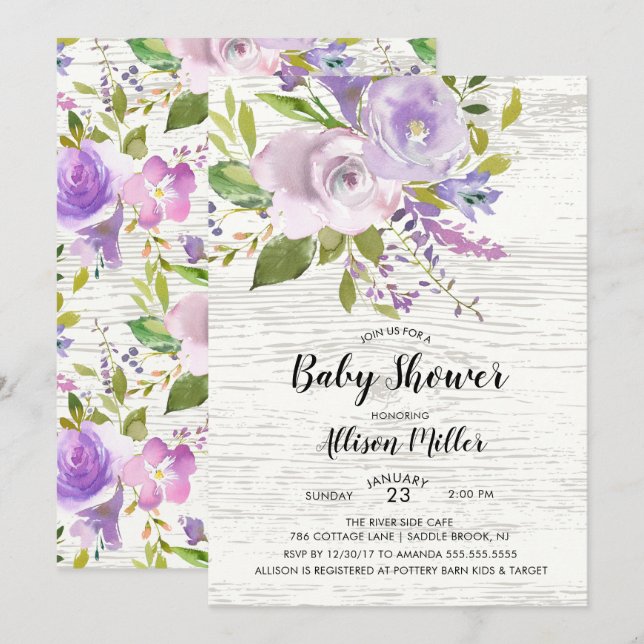 Invitación a Baby Shower con flores de lavanda rús (Anverso / Reverso)