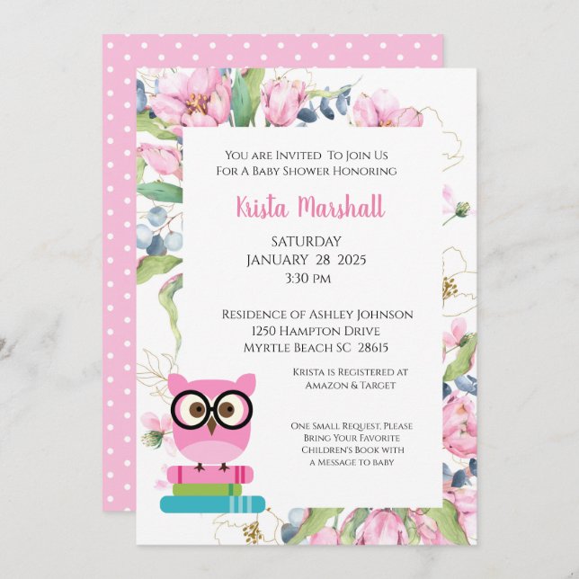 Invitación a Baby Shower con flores de lechuza ros (Anverso / Reverso)