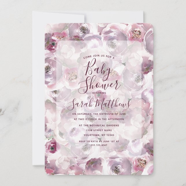 Invitación a Baby Shower con flores de Mauve Pink  (Anverso)