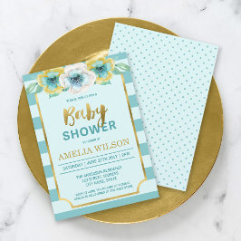 Invitación a Baby Shower con flores de oro de Mint
