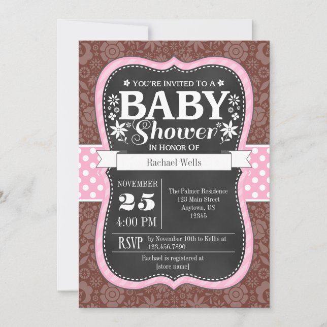 Invitación a Baby Shower con flores de pizarra de  (Anverso)
