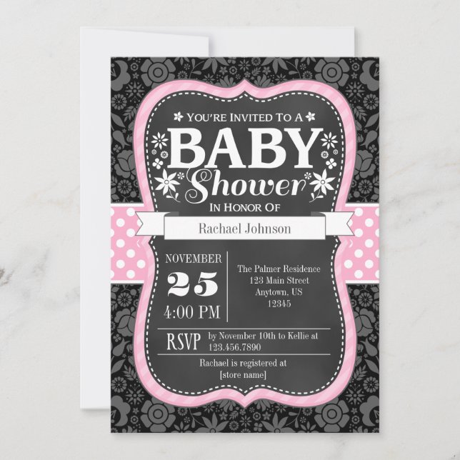 Invitación a Baby Shower con flores de pizarra neg (Anverso)