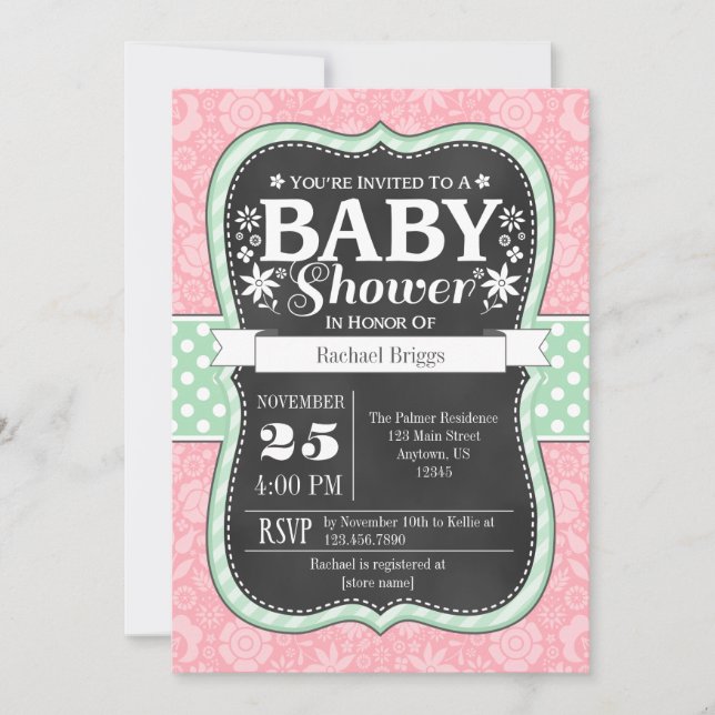 Invitación a Baby Shower con flores de pizarra ros (Anverso)