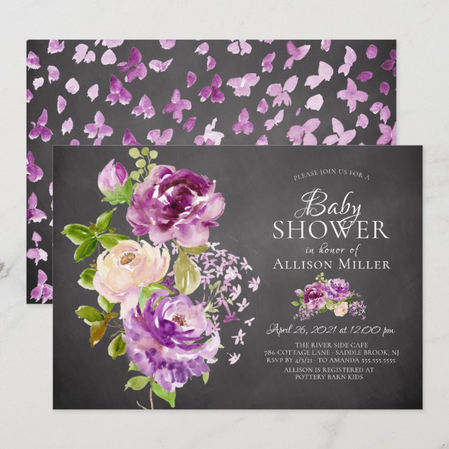 Invitación a Baby Shower con flores de Purple Peon (Anverso / Reverso)