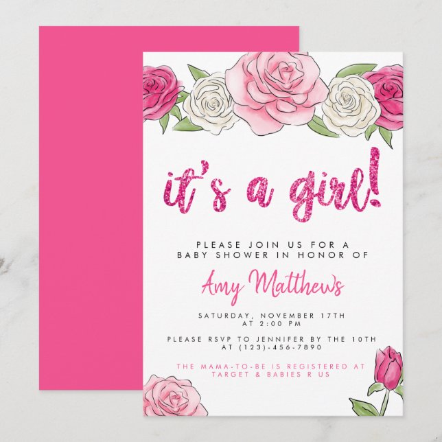 Invitación a Baby Shower con flores de rosas rosad (Anverso / Reverso)