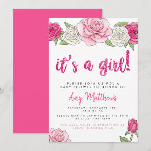 Invitación a Baby Shower con flores de rosas rosad