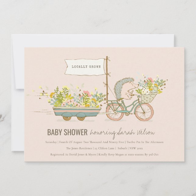 Invitación a Baby Shower con flores de seda local (Anverso)