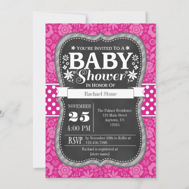 Invitación a Baby Shower con flores de tablero de  (Anverso)