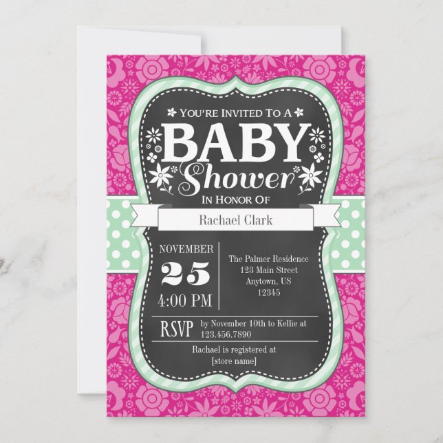 Invitación a Baby Shower con flores de tablero de  (Anverso)