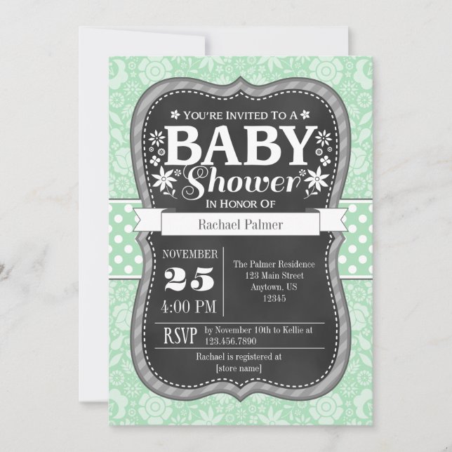 Invitación a Baby Shower con flores de tablero ver (Anverso)